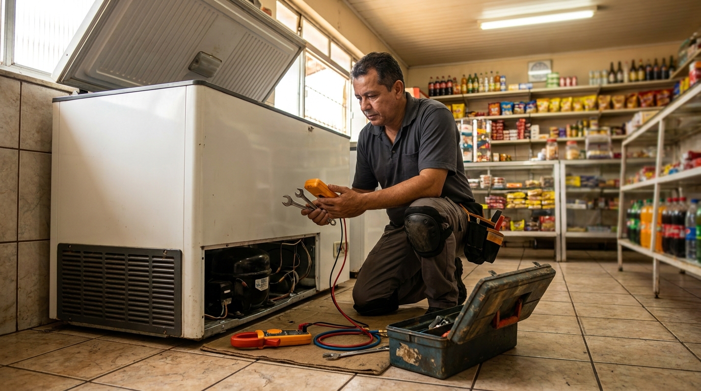 Técnico reparando o motor de um freezer horizontal em Santa Maria‑RS