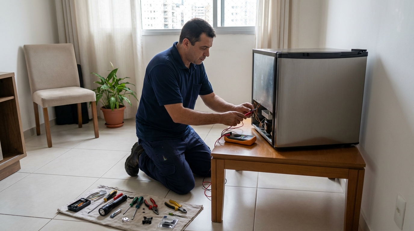 Técnico revisando o motor de um frigobar em Santa Maria‑RS