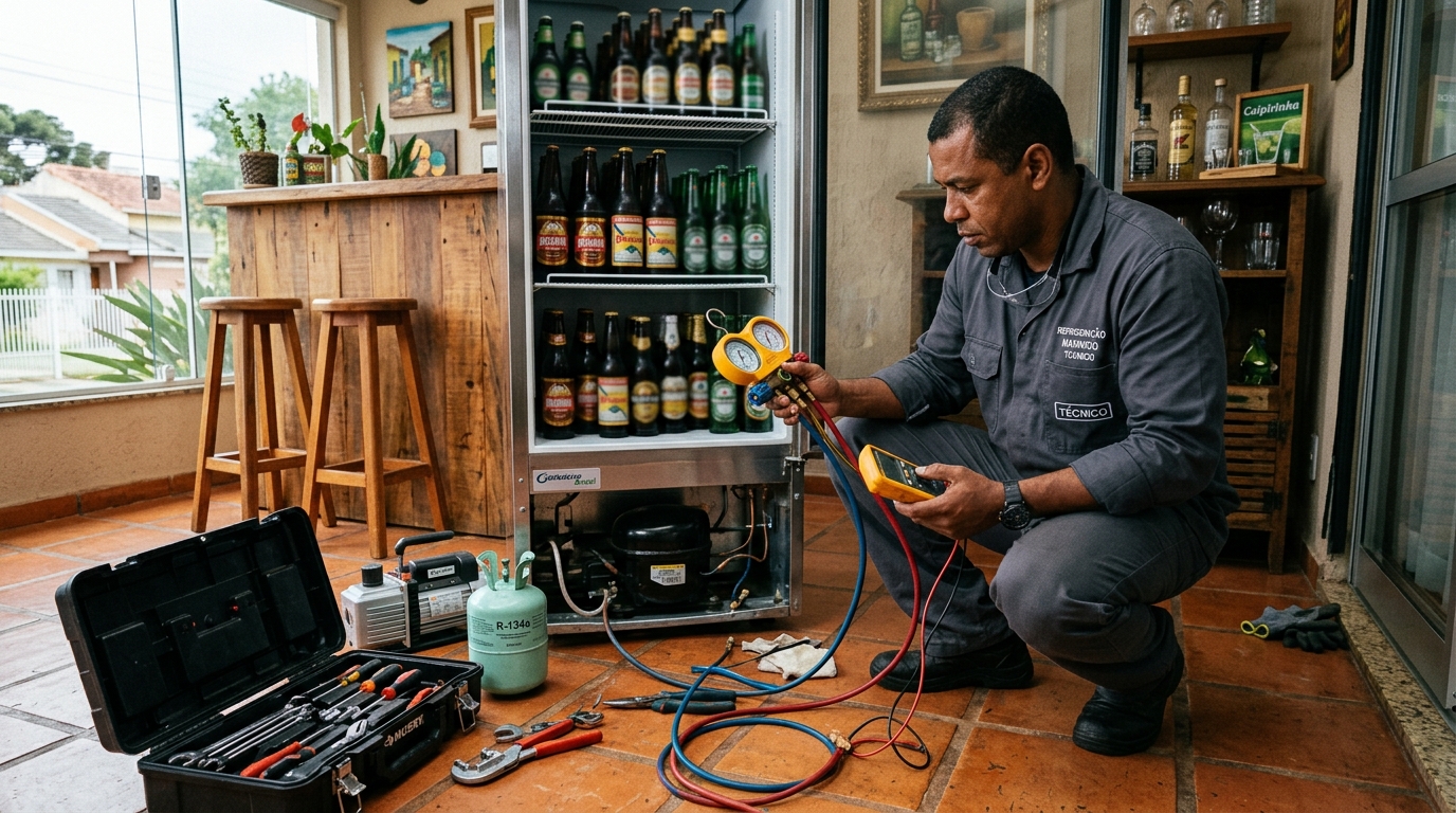 Técnico conferindo a temperatura de uma cervejeira durante atendimento em Santa Maria‑RS
